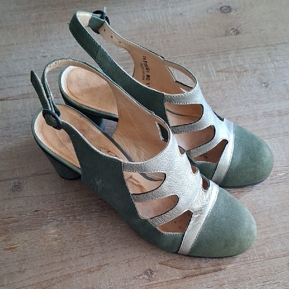 Fly London Shoes - Fly London Green & Gold Heeled Leather Shoes with Cage Detail (EU 40/US 9.5)